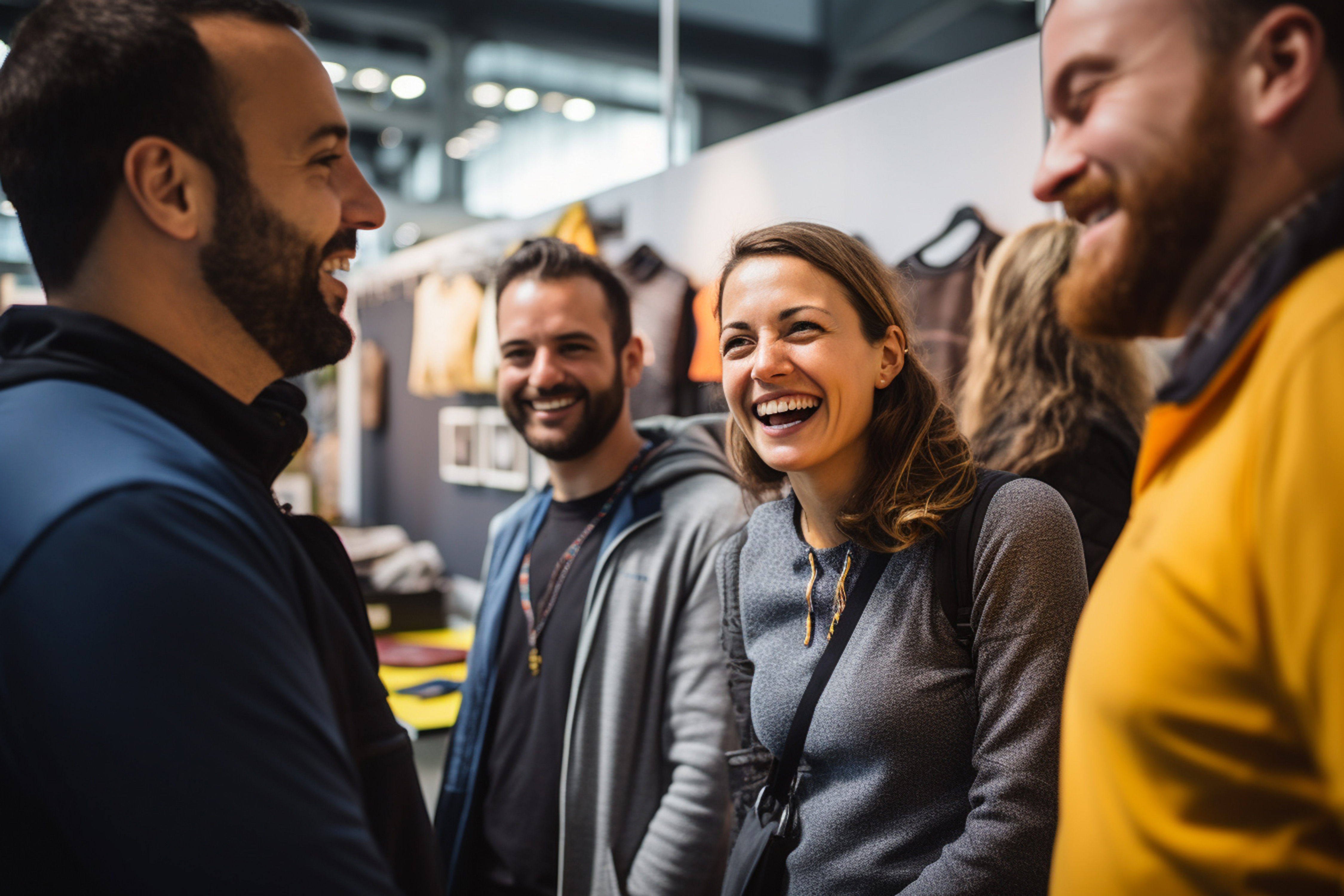 Close up picture of a happy and laughing staff or participant people group listening to a startup business owner at a trade show exhibition event.