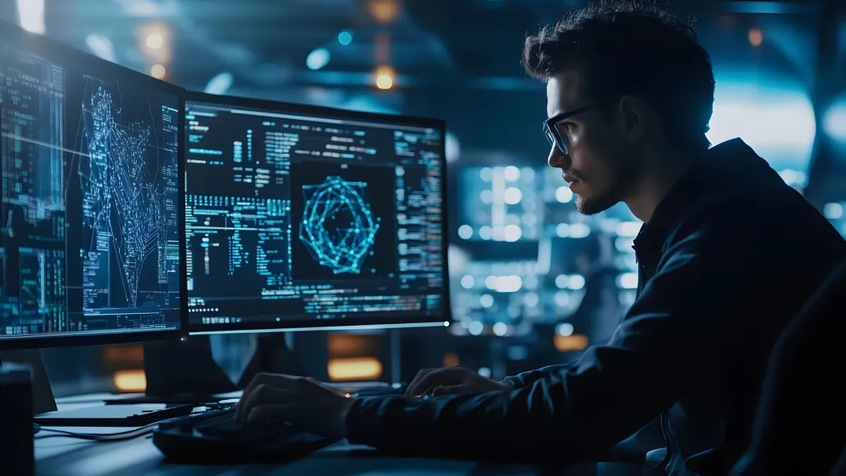 Programmer crafting data analysis on computer