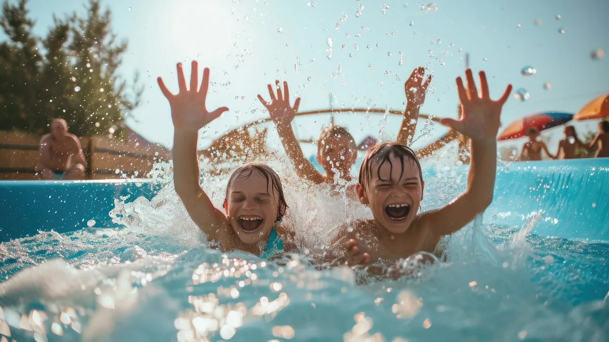 Children having fun on water slide