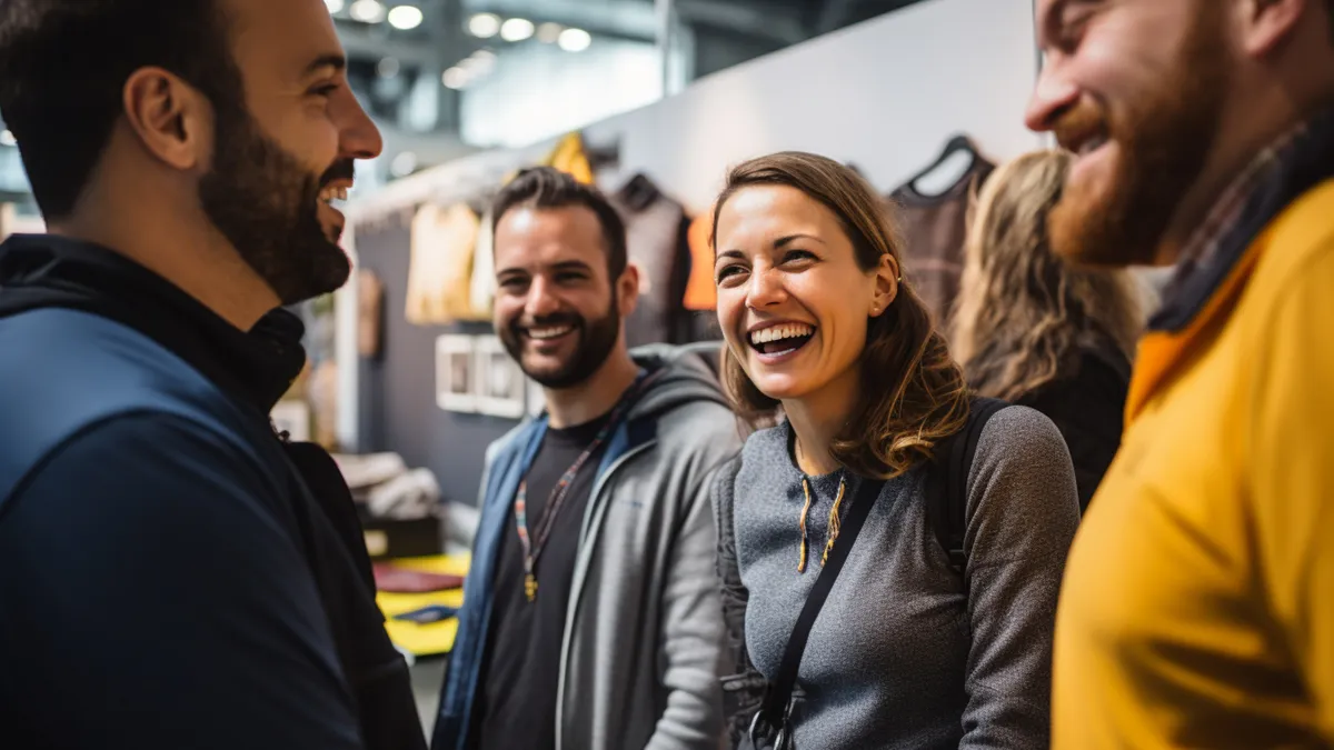 Close up picture of a happy and laughing staff or participant people group listening to a startup business owner at a trade show exhibition event.