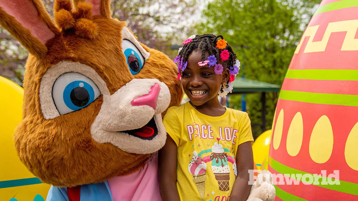 Kennywood's Tuft Easter mascot poses with a guest