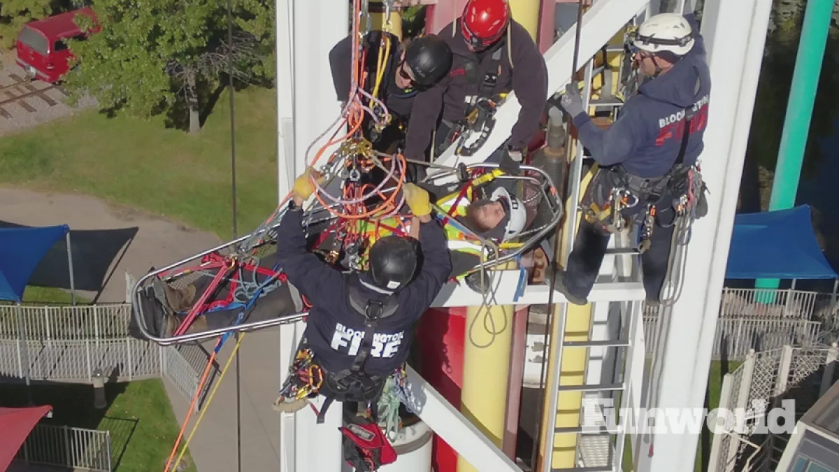 emt personnel train on amusement ride evacuation procedures