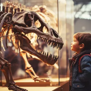 Child looking at the skeleton of an ancient dinosaur