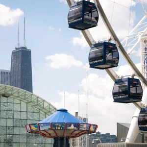 Centennial Wheel at Navy Pier in Chicago, with Carousel and Willis Tower in the background
