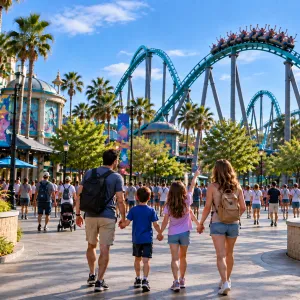 Family of four walking through theme park