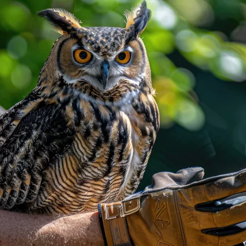 Owl perched on gloved hand of handler 