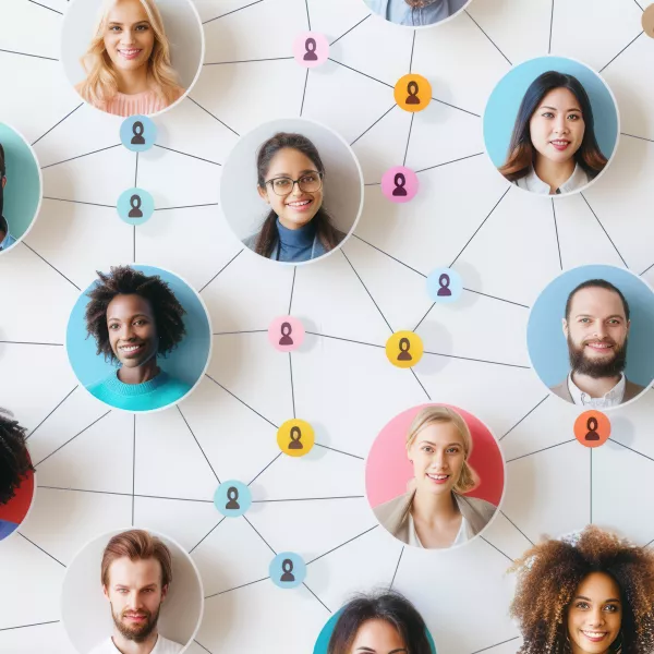 Diverse group of people connected in a network
