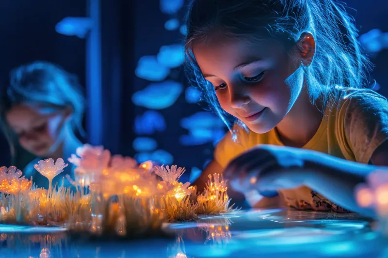 child interating with interactive mushroom installation