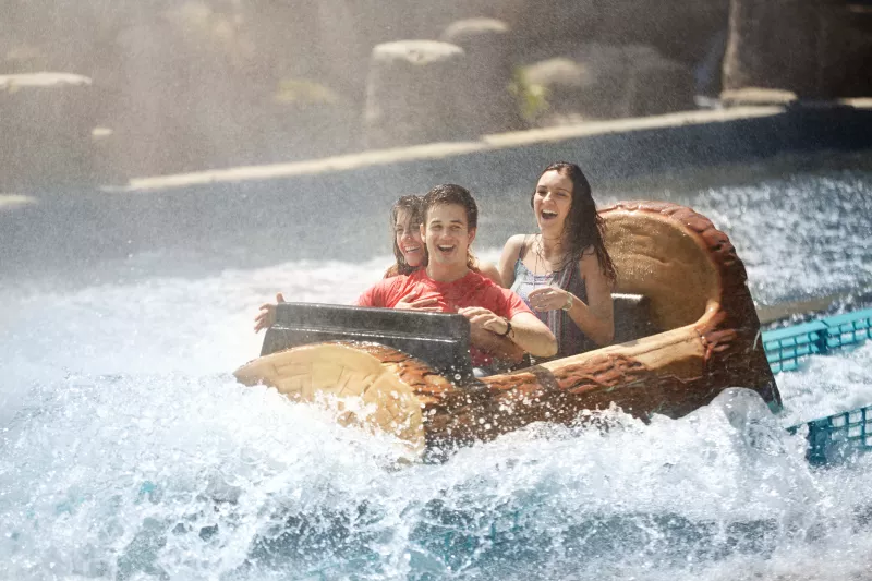 Friends laughing on flume ride