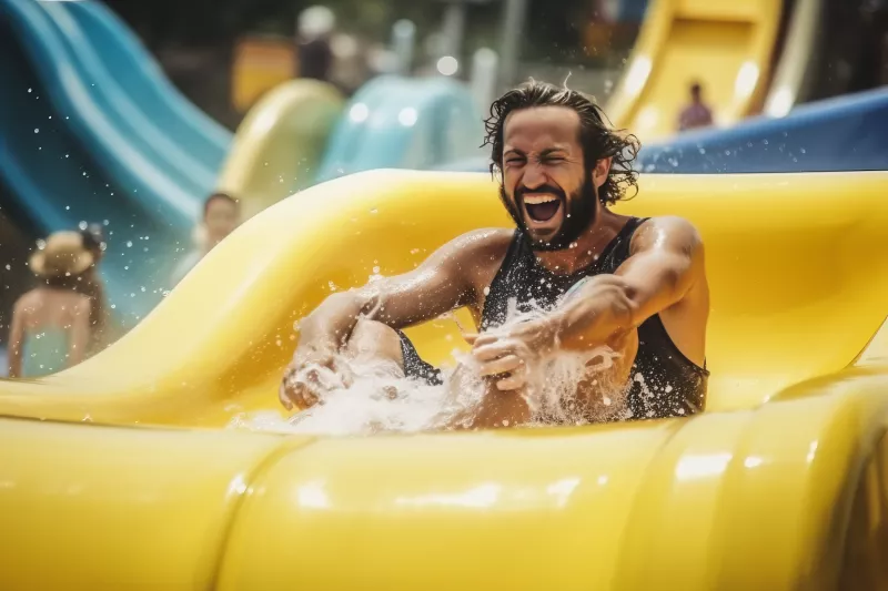 Man laughing as he comes off a waterslide