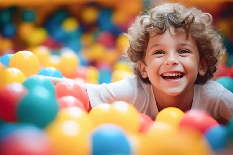 Happy boy in ball pit at indoor play center