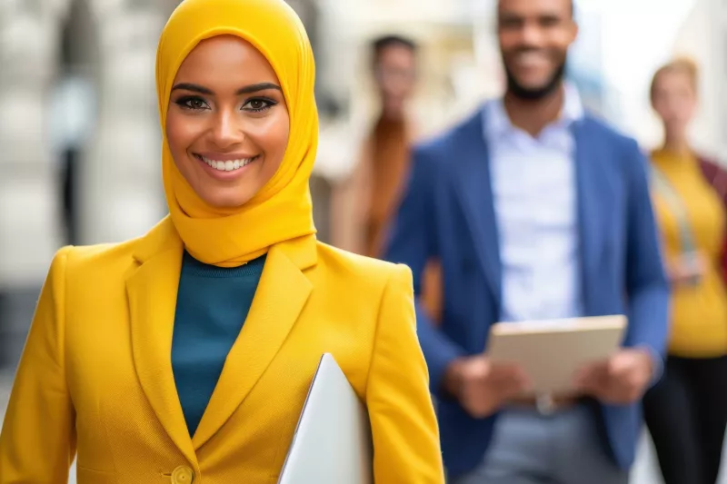 Young Muslim Professional Woman in yellow Hijab smiling