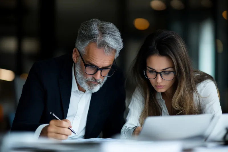 Seasoned male professional mentoring female colleague
