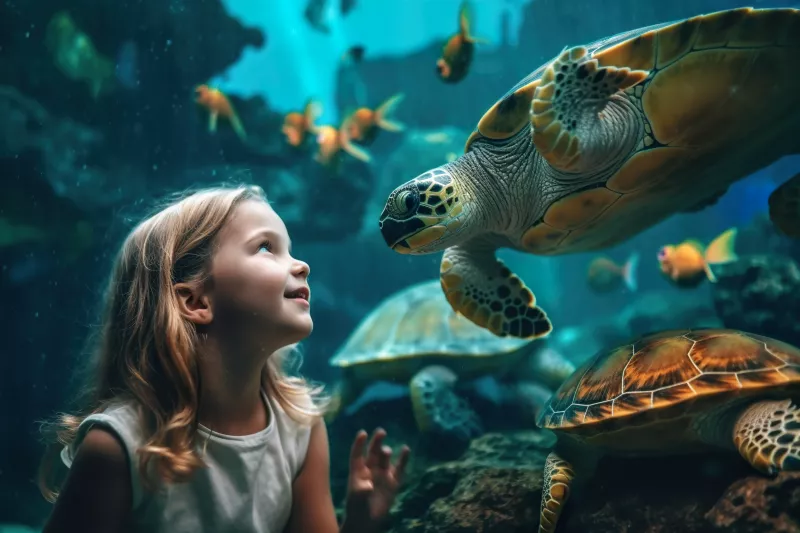 Blonde girl looking at sea turtle in large aquarium
