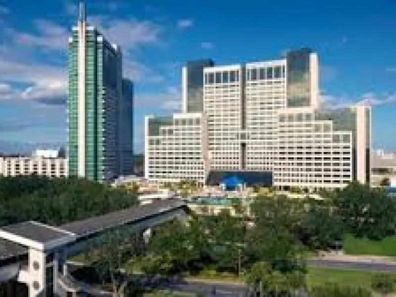 Two hotel buidlings with Orange County Convention Center in the distance