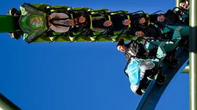 Two tracks of YOY rollercoaster racing as they go down a drop