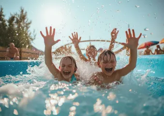 Children having fun on water slide