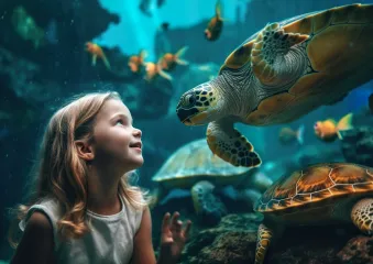 Blonde girl looking at sea turtle in large aquarium
