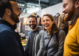 Close up picture of a happy and laughing staff or participant people group listening to a startup business owner at a trade show exhibition event.